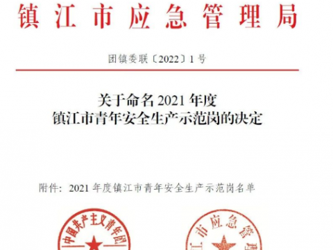 喜报！这个青年集体荣获“2021年度镇江市青年安全生产示范岗”荣誉称号